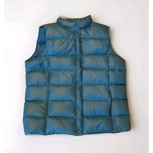 Lands' End Puffer Vest Jacket Womens Medium 10-12 Teal Snap Up Nylon Down Filled
